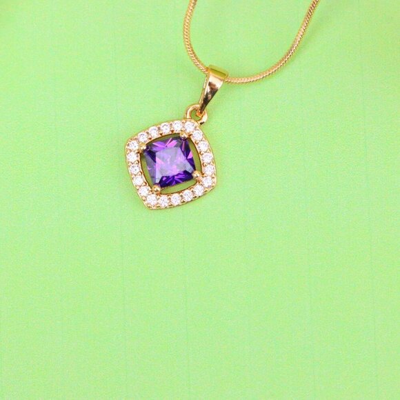 "Princess-Cut Purple Halo Pendant in Gold Plated Brass – Glam Touch, XPPT1793 - Picture 3 of 13